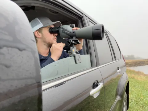 Researcher looking through a spotting scope mounted in a vehicle window.