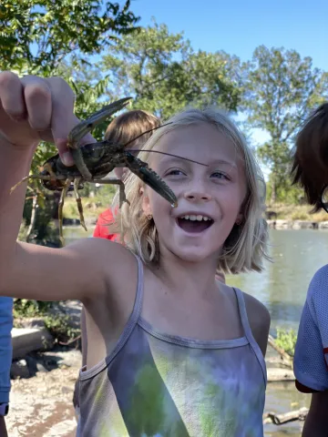 Child holding a crayfish during an outdoor river activity.