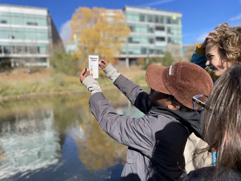 Student holding a dissolved oxygen test strip beside a stream during a field activity.