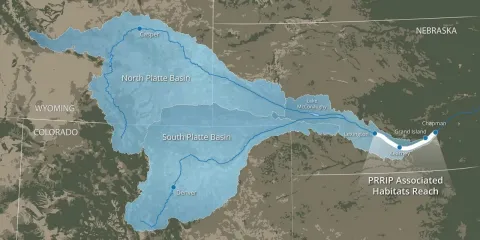 A map of PRRIP Associated Habitats Reach