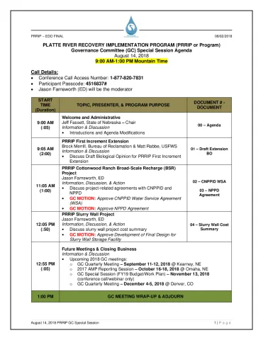 August 14 2018 PRRIP GC Special Session Agenda