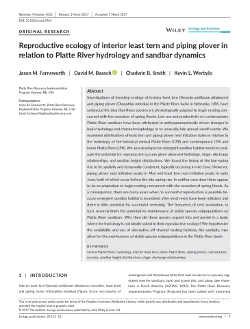 Reproductive ecology of interior least tern and piping plover in relation to Platte River hydrology and sandbar dynamics