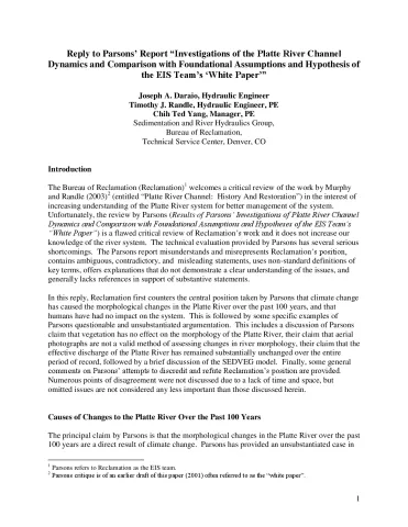 Reply to Parsons’ Report “Investigations of the Platte River Channel Dynamics and Comparison with Foundational Assumptions and Hypothesis of the EIS Team’s ‘White Paper’”