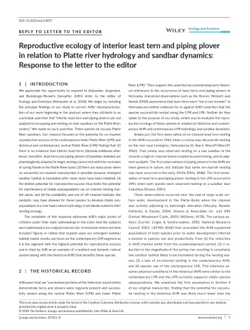 Farnsworth et al 2018 - Reproductive ecology of interior least tern and piping plover in response to Platte River hydrology and sandbar dynamics Response to the letter to the editor