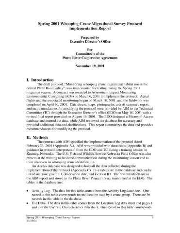 Implementation of the Whooping Crane Monitoring Protocol – Spring 2001