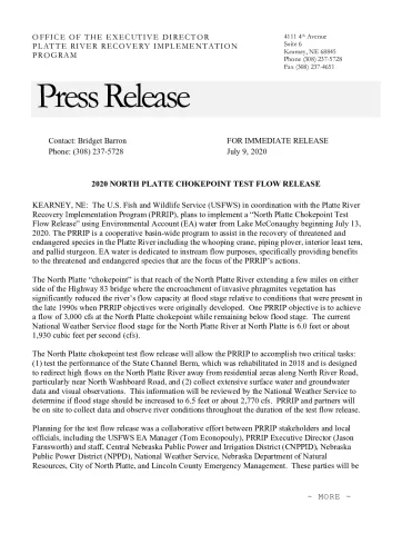 Press Release - 2020 North Platte Chokepoint Test Flow Release Announced