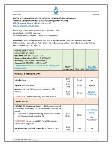 Platte River Recovery Implementation Program Technical Advisory Committee Meeting Agenda - April 21-22, 2026
