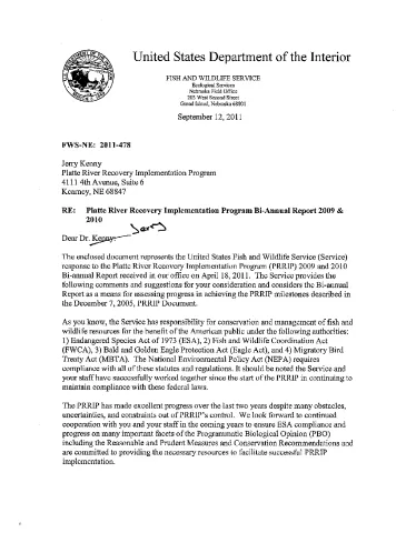 USFWS Memo: Comments on PRRIP Bi-annual Report for 2009-2010