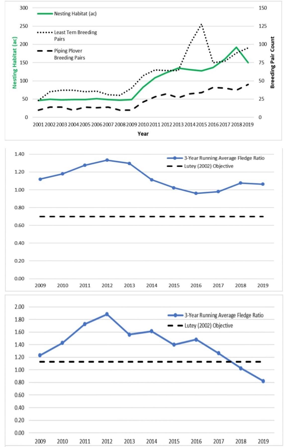 Least tern and piping plover breeding pair counts and productivity, 2001-2019.